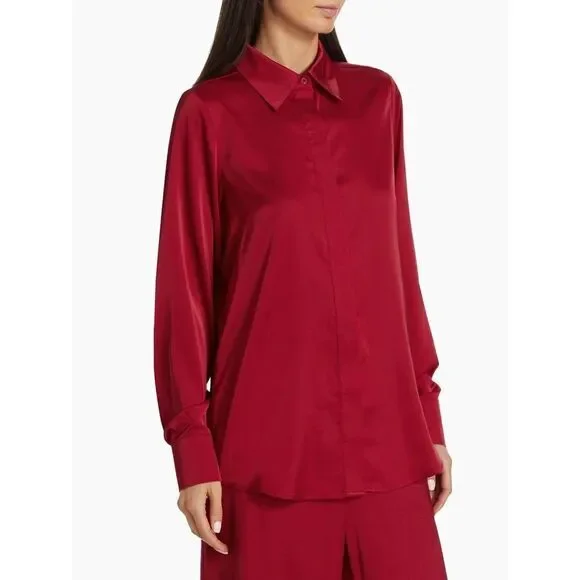 Andrea lyamah Red Vana Satin Button-Front Shirt.Saks Fifth Avenue. Sz S. NWT - Picture 11 of 13